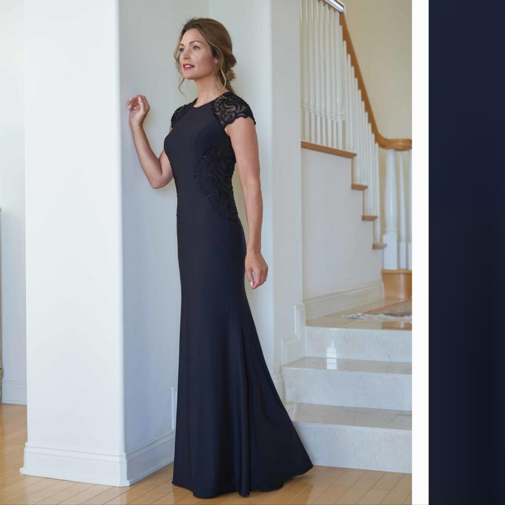 Midnight Embellished Cap Sleeves Evening Maxi Gown By Jade Couture. Size 10